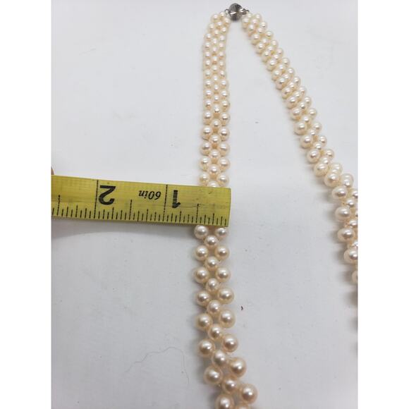 Vintage Freshwater Pearl Necklace 3 Strand & White Cluster Center woven - Picture 13 of 15